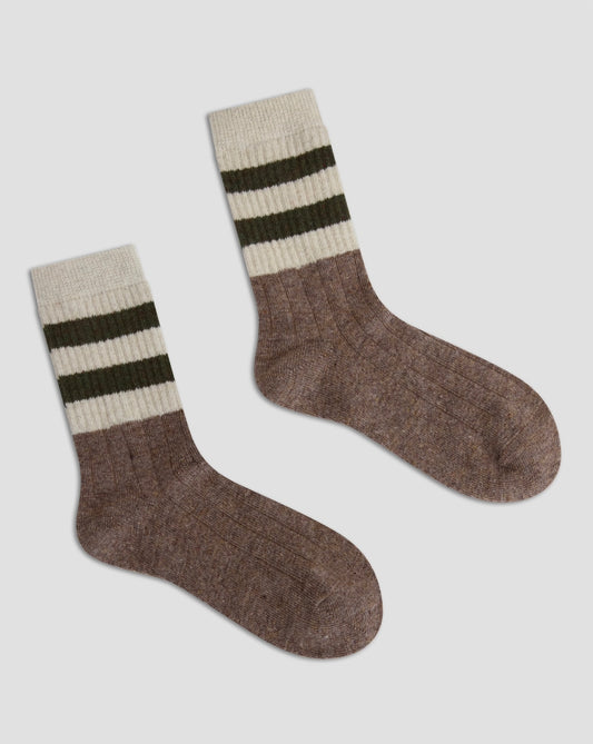 Striped Chunky Knit Wool Socks - Khaki & Cream