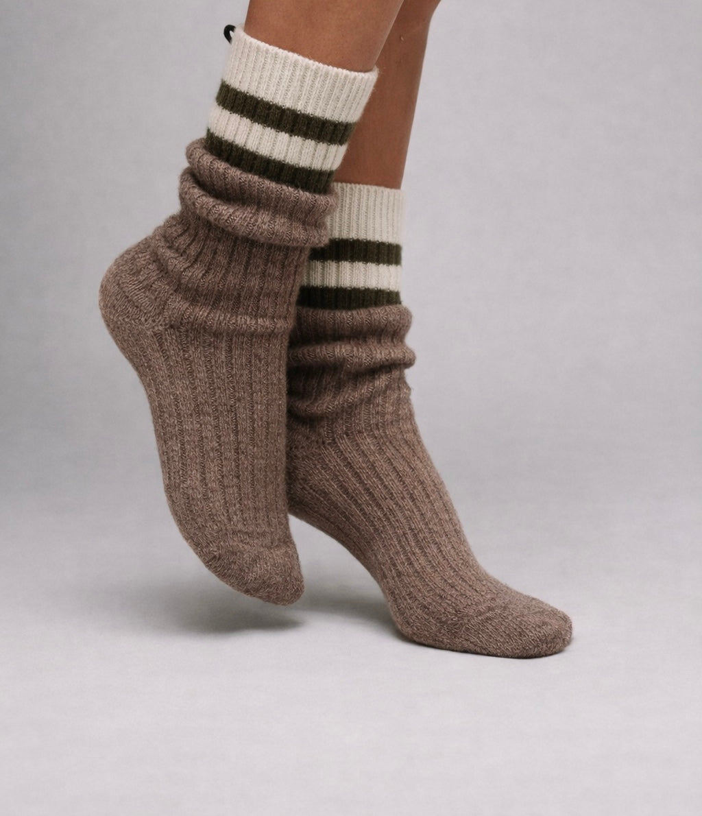 Striped Chunky Knit Wool Socks - Khaki & Cream